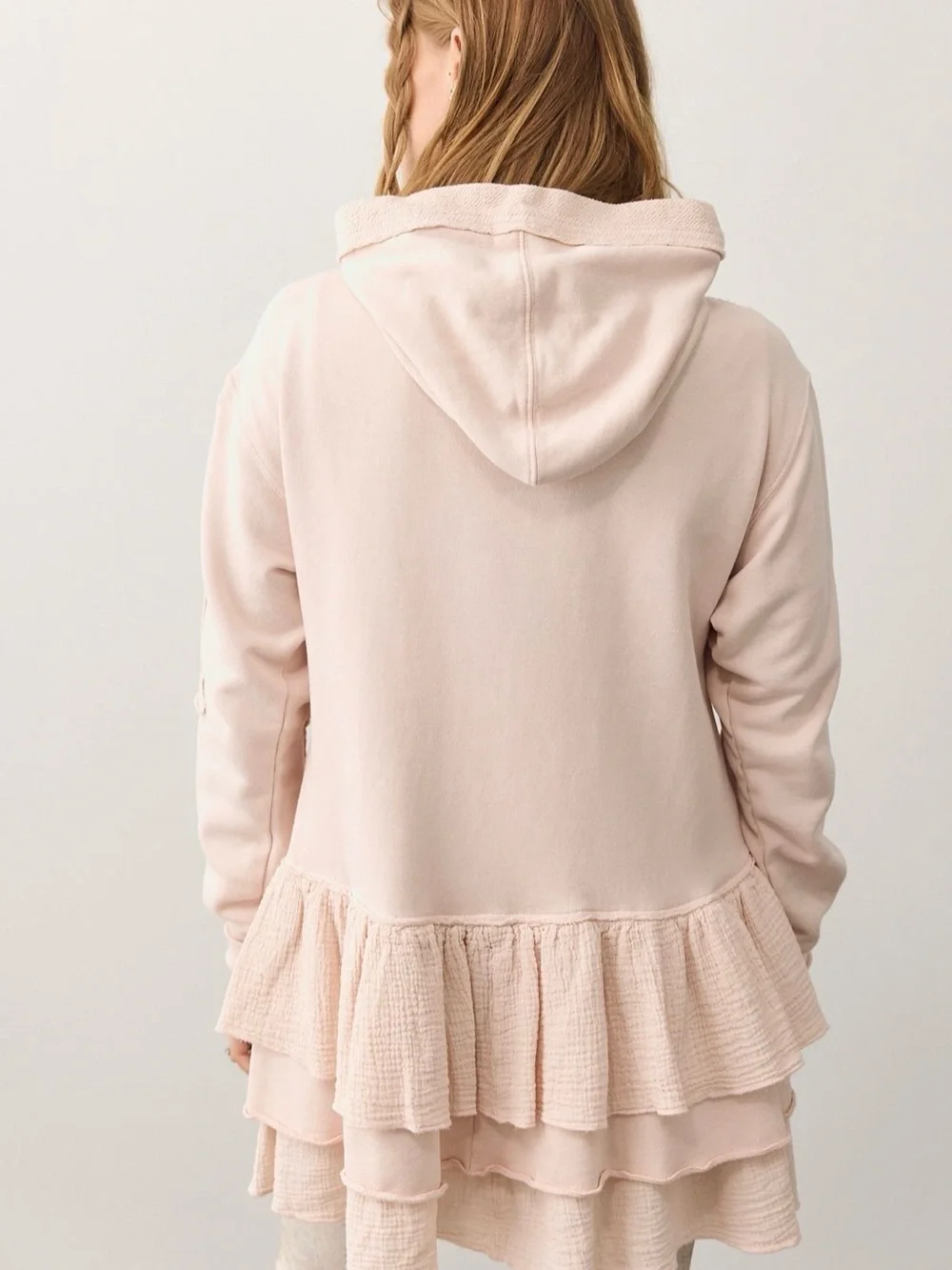 Free People Piece of Cake Zip Up Cardi Light Pink Ruffle Hoodie Jacket X-Small